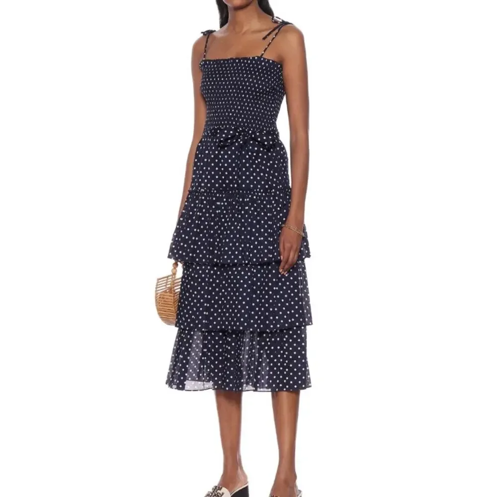 Tory Burch Printed Ruffle Dress Polka Dot Smocked Midi Navy White NWT Size M